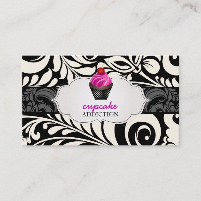 PixDezines strawberry swirls cupcake+damask Business Card (Front)