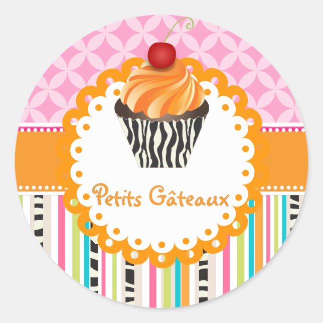 PixDezines stripes+lattice+cupcake/DIY color Classic Round Sticker (Front)