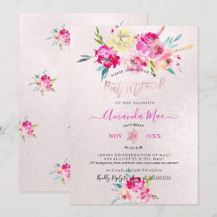 PixDezines Summer Peonies Watercolor Bat Mitzvah Invitation