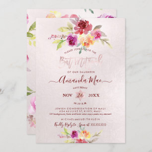 PixDezines Summer Roses Watercolor Bat Mitzvah Invitation