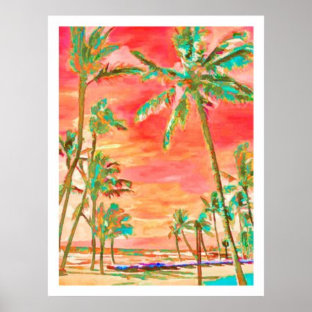 Pixdezines Sunset Hawaiian Beach/coral/teal Poster