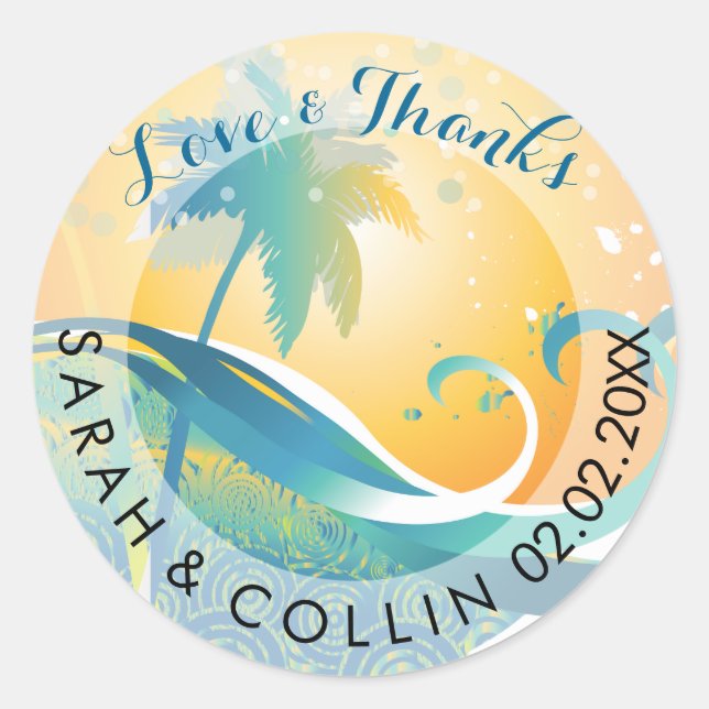 PixDezines sunset/retro waves/palm trees Classic Round Sticker (Front)