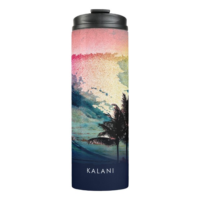 PixDezines Surfs Up Hawaiian Beach/Pink/Green Thermal Tumbler (Front)