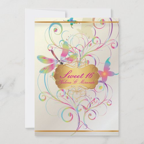 PixDezines Sweet 16/Butterflies+Dragonfly+Rainbows Personalized Invitation