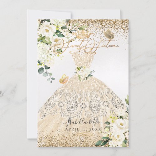 PixDezines Sweet 16 Champagne Gold Glitter Gown Invitation