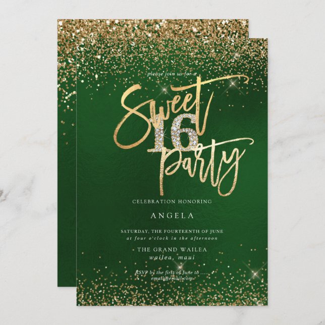 PixDezines Sweet 16 Diamond Glitters Emerald  Invitation (Front/Back)