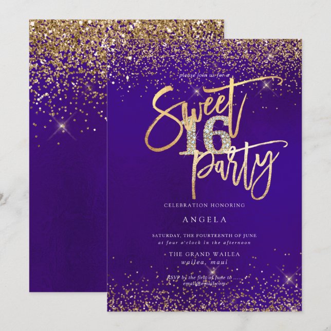 PixDezines Sweet 16 Diamond Gold Glitters Purple  Invitation (Front/Back)