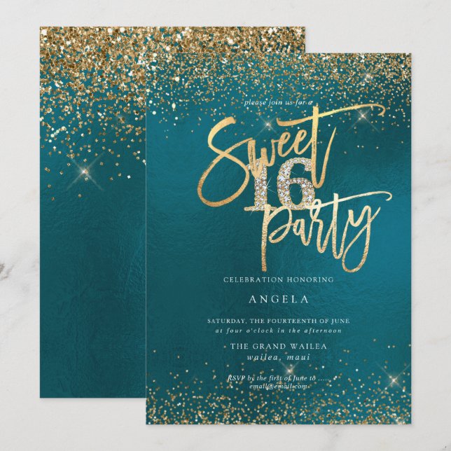 PixDezines Sweet 16 Diamond Gold Glitters Teal Invitation (Front/Back)