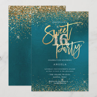 PixDezines Sweet 16 Diamond Gold Glitters Teal Invitation