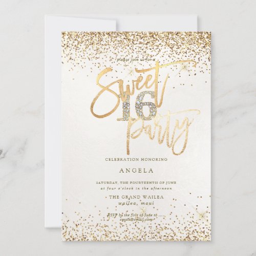 PixDezines Sweet 16 Diamond Pearl Gold Glitter Invitation