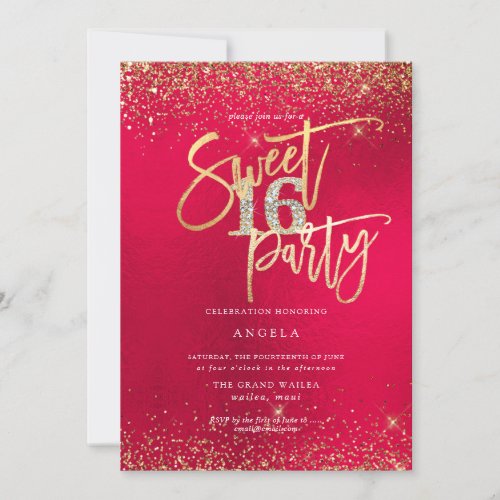 PixDezines Sweet 16 Diamond Red Gold Glitter Invitation