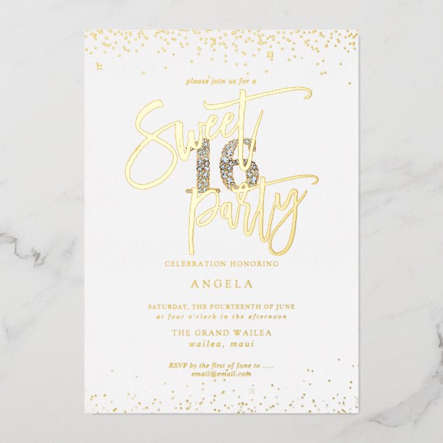 PixDezines Sweet 16 Diamond Silver Gold Foil Invitation (Front)