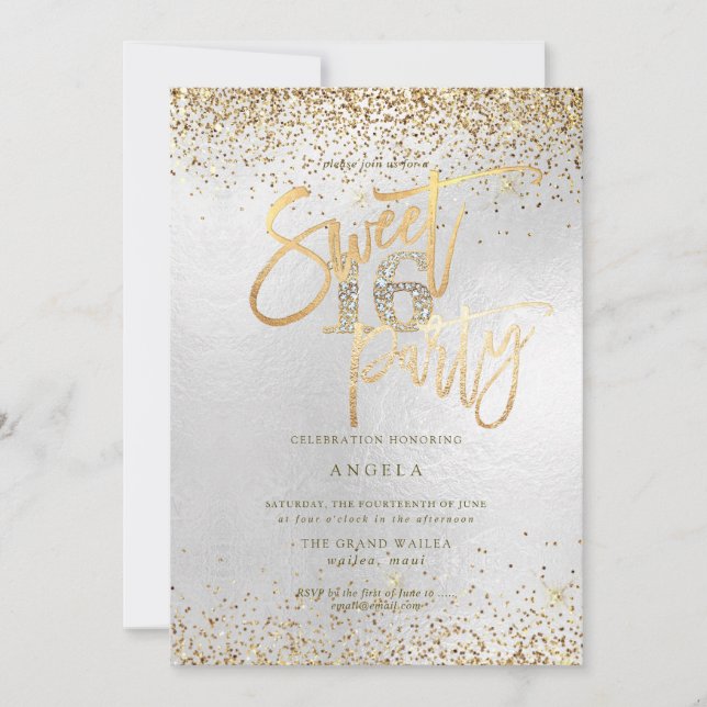 PixDezines Sweet 16 Diamond Silver Gold Glitter Invitation (Front)