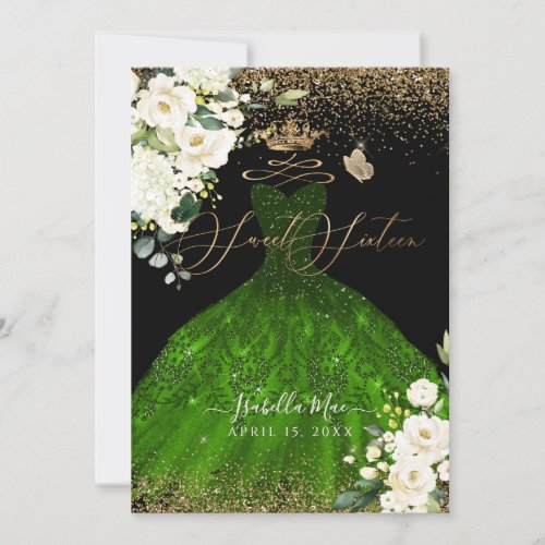 PixDezines Sweet Sixteen Green Glitter Gown Invitation