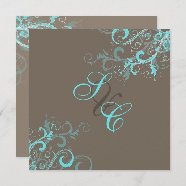 PixDezines Swirls, Aqua + Cocoa Invitation (Front/Back)