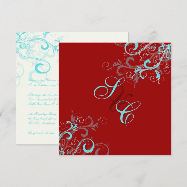 PixDezines Swirls, Aqua + Red + Ecrue Invitation (Front/Back)