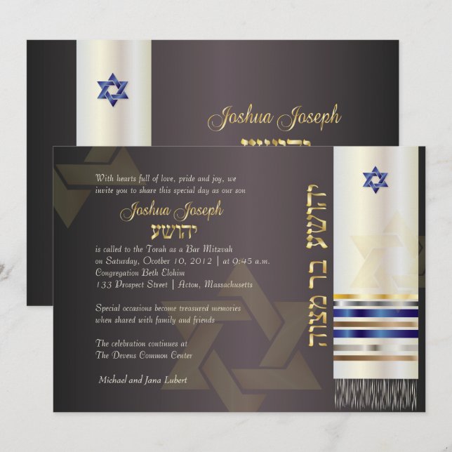 PixDezines talit/Stylish Bar Mitzvah/ash/gold Invitation (Front/Back)