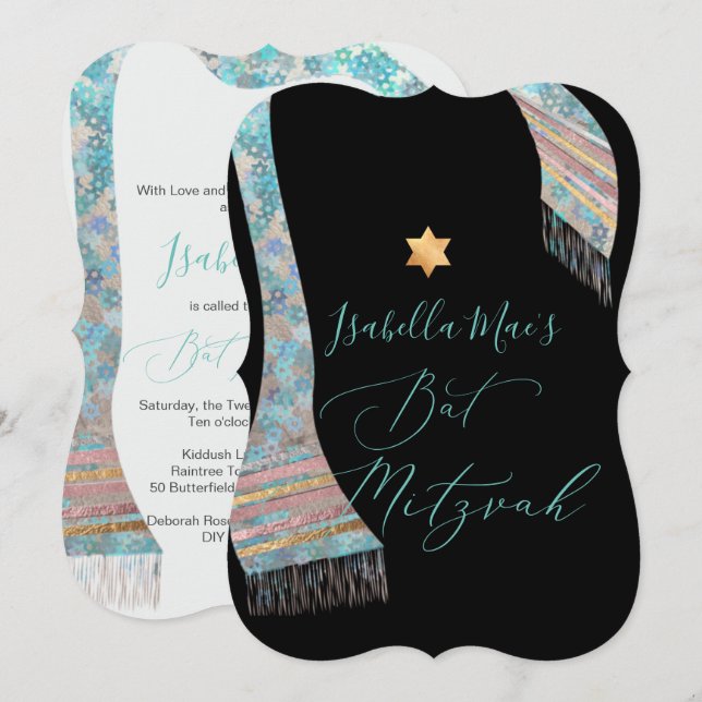 PixDezines Tallit Aqua Turquoise Blue Bat Mitzvah Invitation (Front/Back)