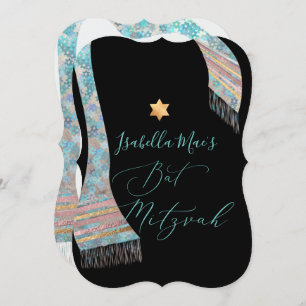 PixDezines Tallit Aqua Turquoise Blue Bat Mitzvah Invitation