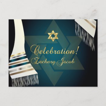 Pixdezines Tallit Mitzvah Celebration/teal Green Invitation Postcard by custom_mitzvah at Zazzle
