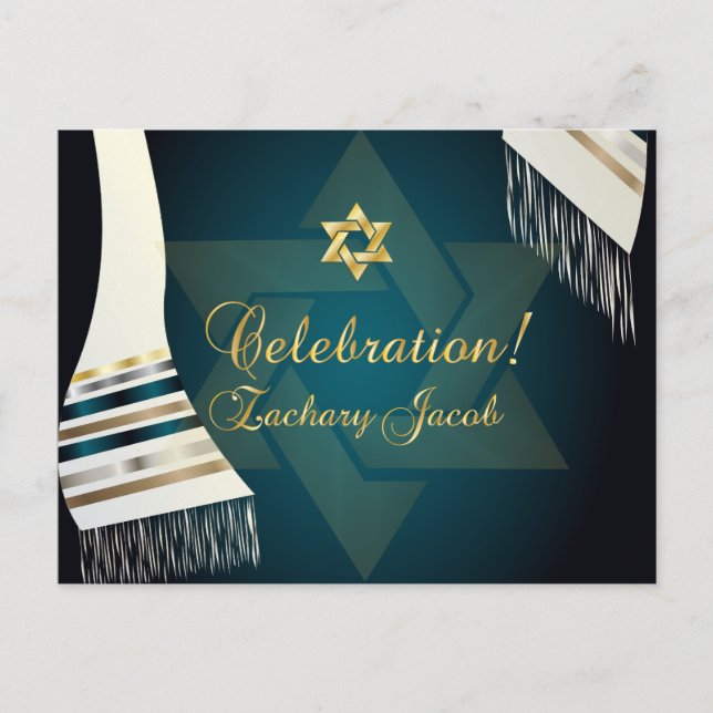 PixDezines Tallit Mitzvah Celebration/Teal Green Invitation Postcard (Front)