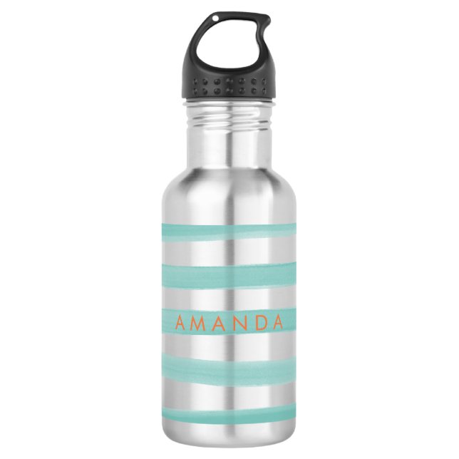 PixDezines Teal Green Stripes/adjustable Water Bottle (Front)