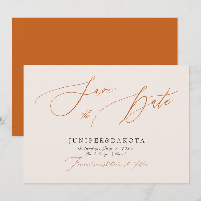 PixDezines Terracotta Modern Script Save the Date Invitation (Front/Back)