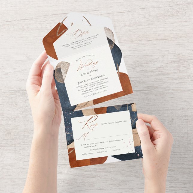 PixDezines Terracotta Navy Modern Abstract Shapes All In One Invitation (Tearaway)