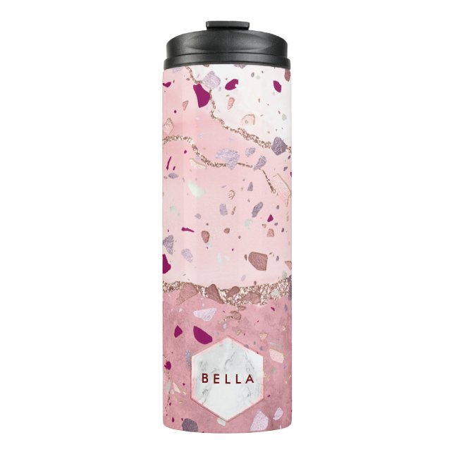 PixDezines TERRAZZO ROSE GOLD, BURGUNDY Thermal Tumbler (Front)