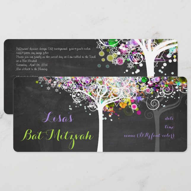 PixDezines tree of life Bat Mitzvah/chalkboard Invitation (Front/Back)