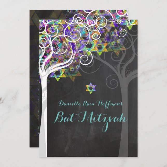PixDezines tree of life Bat Mitzvah/chalkboard Invitation (Front/Back)