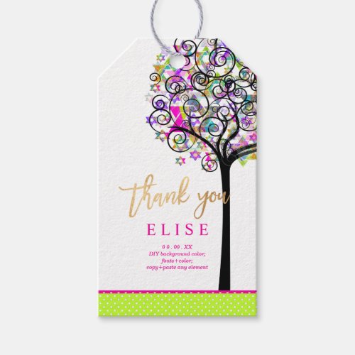 PixDezines Tree of Life Bat MitzvahNeon Pink Gift Tags