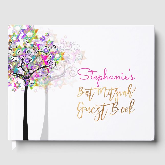 PixDezines Tree of Life Bat Mitzvah/Neon Pink Guest Book (Front)