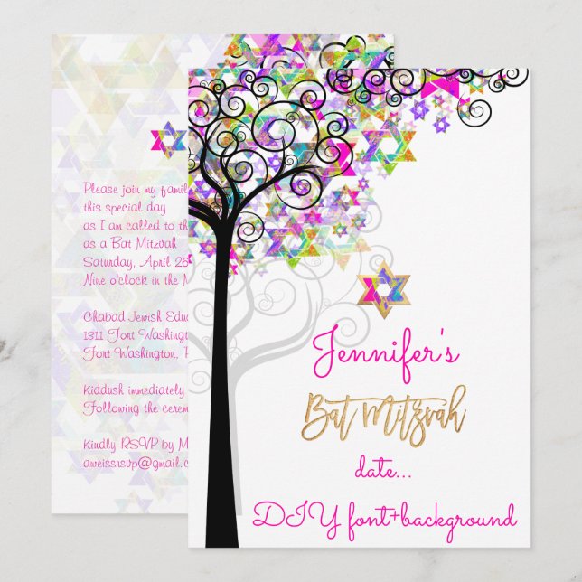 PixDezines TREE OF LIFE BAT MITZVAH/NEON PINK Invitation (Front/Back)