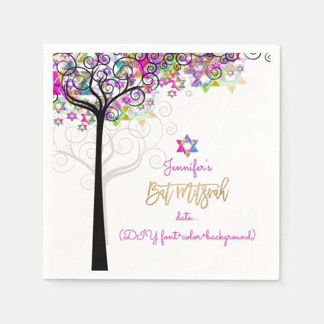 PixDezines TREE OF LIFE/BAT MITZVAH/NEON PINK Paper Napkins (Front)