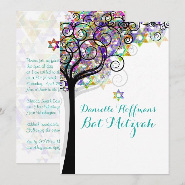 PixDezines TREE OF LIFE BAT MITZVAH/PURPLE/PINK Invitation (Front/Back)