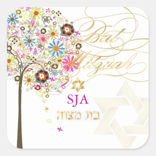 PixDezines tree of lifefloralBat Mitzvah Square Sticker