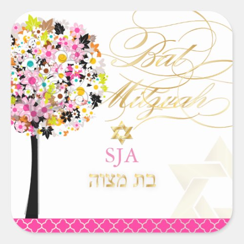PixDezines tree of lifefloralBat Mitzvah Square Sticker