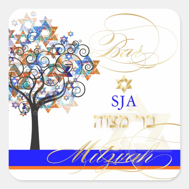 PixDezines tree of life+stars/Bar Mitzvah Square Sticker (Front)