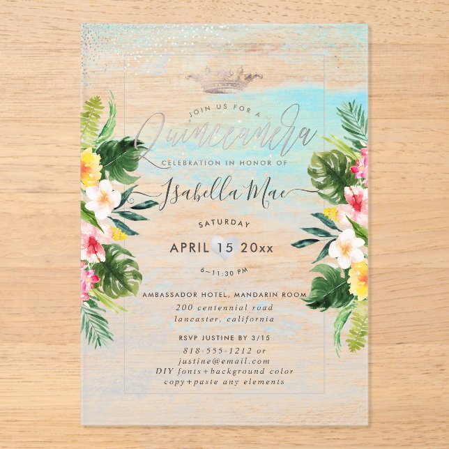 PixDezines Tropical Flowers+Beach Quinceanera Acrylic Invitations (Front)