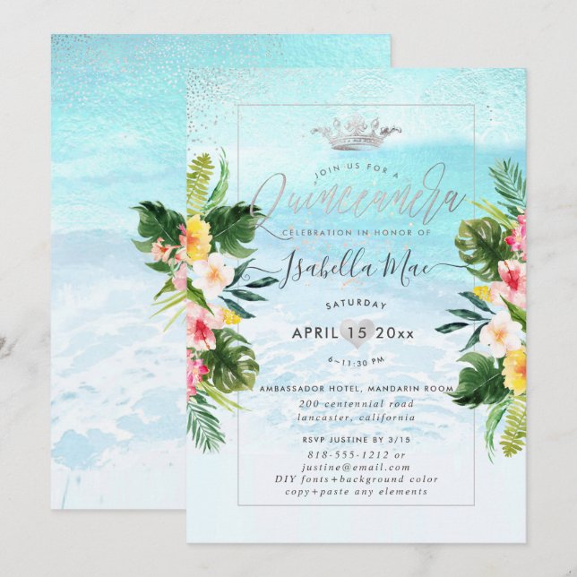 PixDezines Tropical Flowers+Beach Quinceanera Invitation (Front/Back)