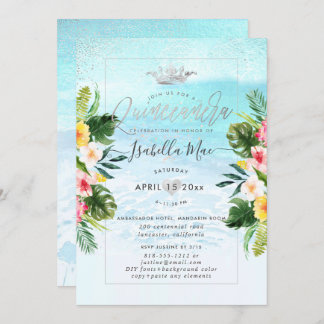 PixDezines Tropical Flowers+Beach Quinceanera Invitation
