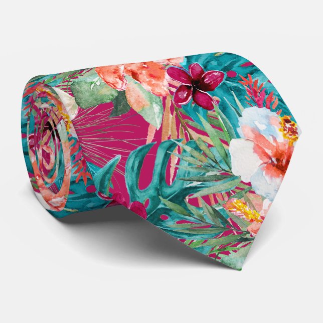 PixDezines Tropical Paradise Floral Foliage Neck Tie (Rolled)