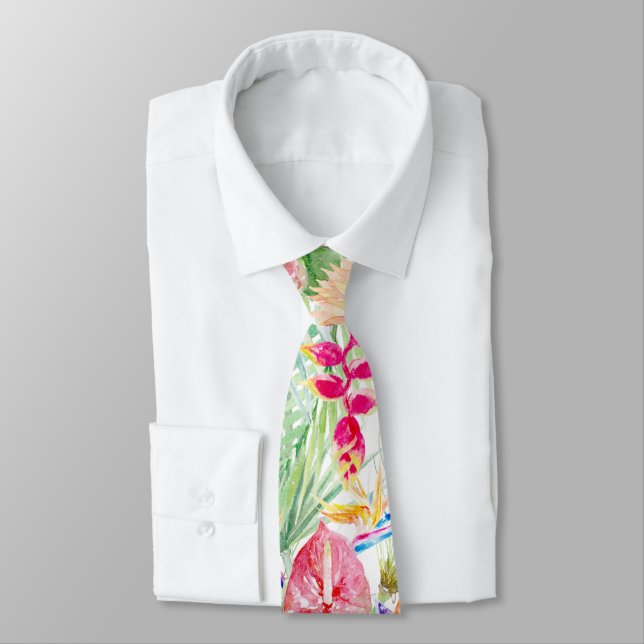 PixDezines Tropical Paradise Pastel Floral Foliage Neck Tie (Tied)