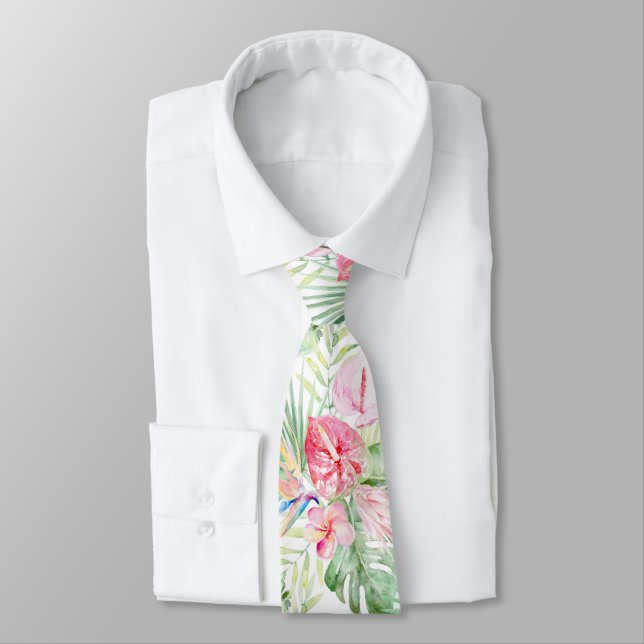 PixDezines Tropical Paradise Pastel Floral Foliage Neck Tie (Tied)
