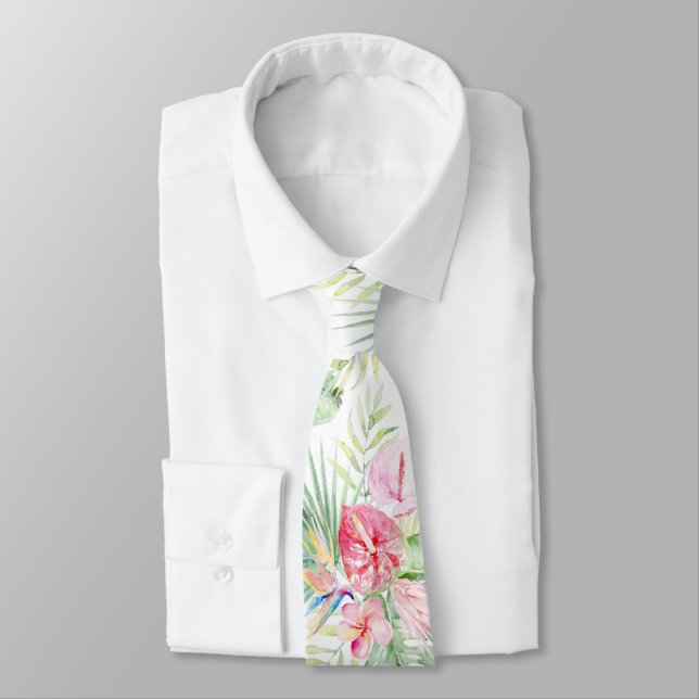 PixDezines Tropical Paradise Pastel Floral Foliage Neck Tie (Tied)