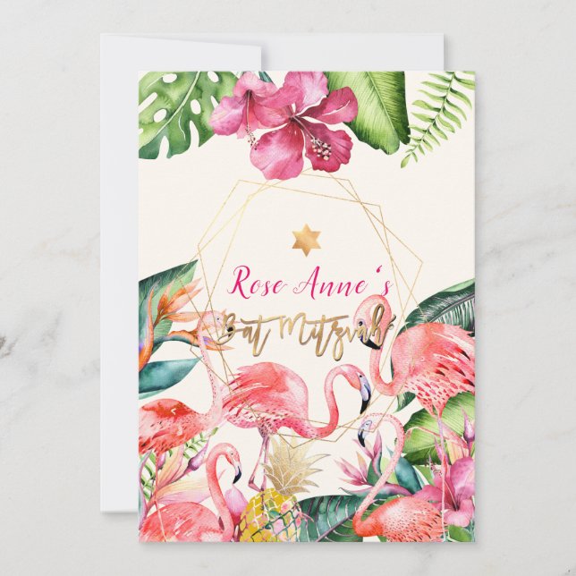 PixDezines Tropical Pink Flamingo Bat Mitzvah Invitation (Front)