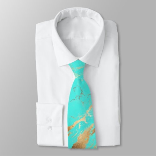 PixDezines Turquoise Blue Marble SlabGold Veins Neck Tie