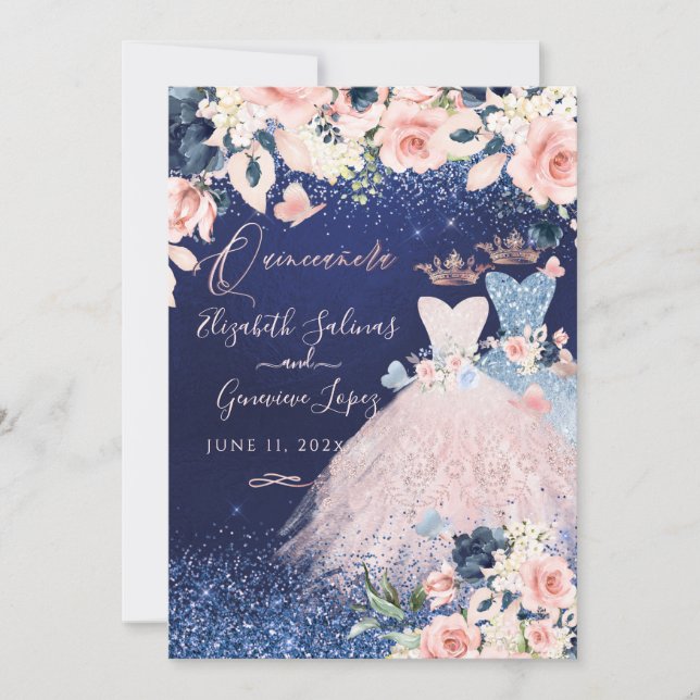 PixDezines Twins Quinceanera Dusty Blue+Blush  Invitation (Front)