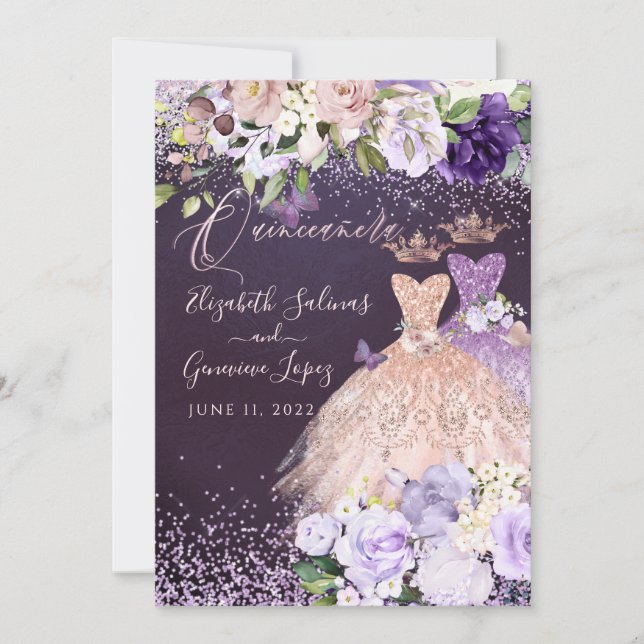 PixDezines Twins Quinceanera RoseGold Dusty Purple Invitation (Front)